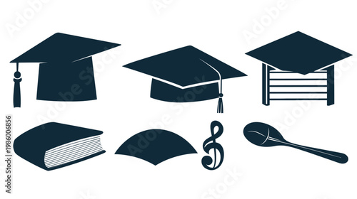 Silhouetted graphics graduation caps, a book, a fan, a treble clef, and a spoon