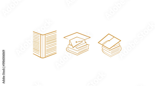 A white background with three simple golden illustrations of open book and stacks of books with graduation cap