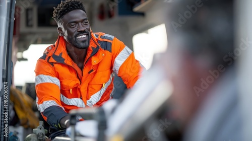Smiling African American Paramedic in High-Vis Rescue Jacket