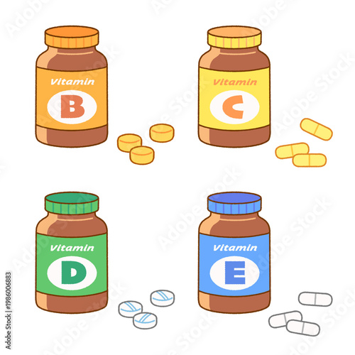ビタミンサプリの錠剤とボトルのイラスト4点セット｜健康・栄養補助食品