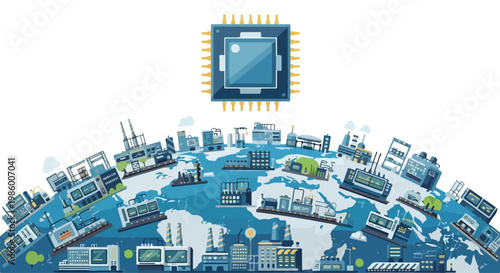 Global semiconductor shortage and microchip production industry on world map illustration