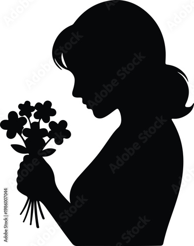 Silhouette of a woman smelling a bouquet of fresh flowers vector design