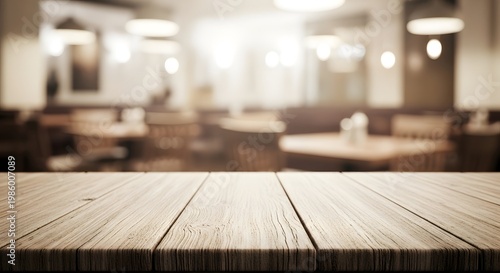 Elegant restaurant interior with wooden tabletop a blurred background for product showcase or dining ambience