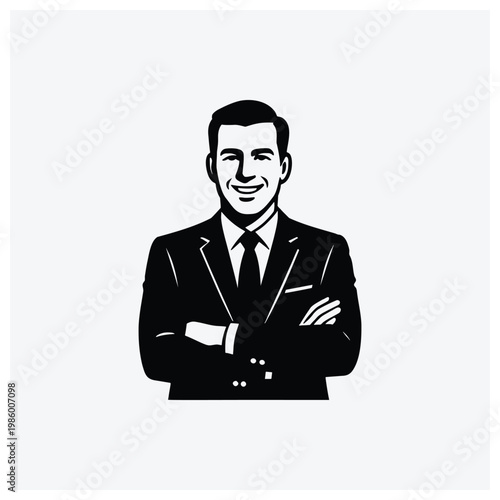 Minimalist black silhouette illustration of a smiling man wearing a suit and tie, arms crossed.