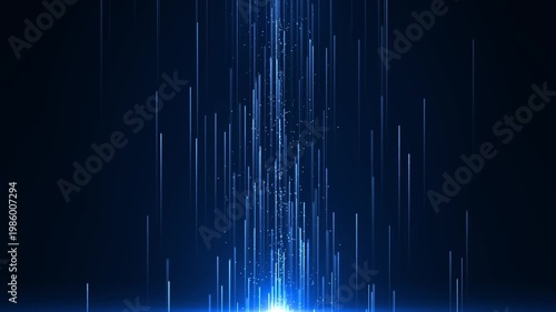 Vertical blue light lines and particles rise from a glowing base, creating a futuristic digital stream with depth, motion, and abstract technology atmosphere.