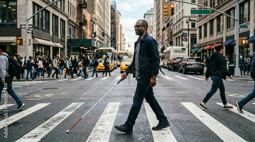 Man with blind cane walking confidently across busy city street in New York, concept of International Day of Persons with Disabilities  
