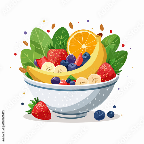 Eine gesunde Frühstücks-Bowl, kunstvoll angerichtet mit frischen Früchten und grünem Blattspinat