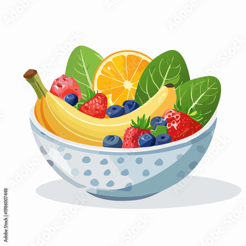 Eine gesunde Frühstücks-Bowl, kunstvoll angerichtet mit frischen Früchten und grünem Blattspinat