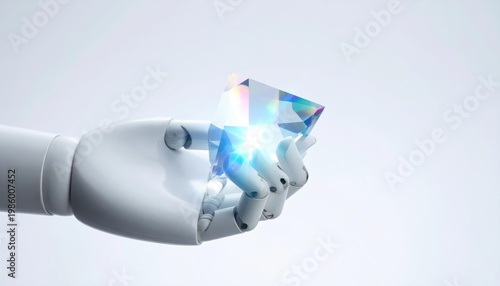 Robot Hand Holding Holographic Crystal Object.