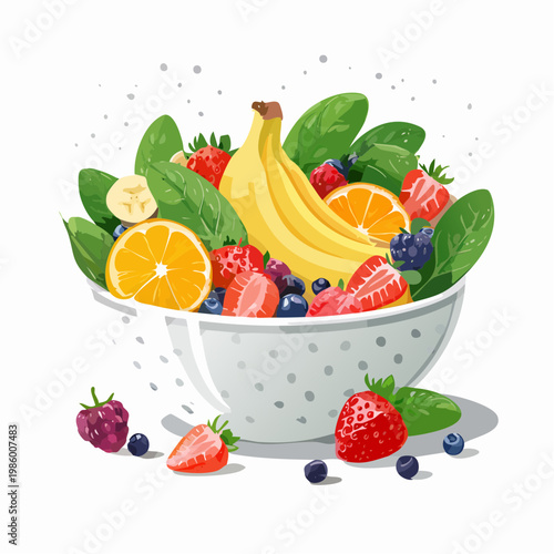 Eine gesunde Frühstücks-Bowl, kunstvoll angerichtet mit frischen Früchten und grünem Blattspinat