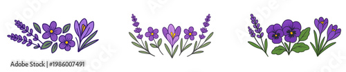 Delicate Purple Crocus Flower Sprigs and Spring Bloom Illustrations Vector Set