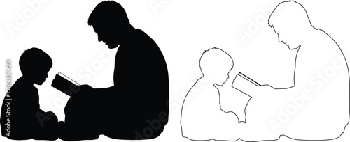Parent reading book to child sitting on lap silhouette illustration