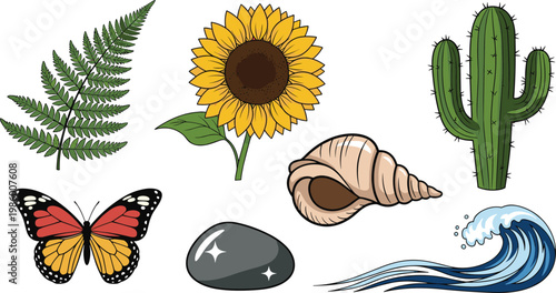 Nature and Botanical Icon Set with Fern Leaf, Sunflower, Cactus, Butterfly, Pebble Stone, Seashell, and Ocean Wave Elements for Ecology, Boho, and Outdoor Designs