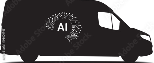 Black van, AI logo, artificial intelligence vehicle, futuristic transport