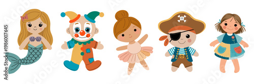 Cartoon toy characters playfully pose together. Each doll wears colorful, imaginative costumes. Mermaid, clown, ballerina, pirate, and girl share a joyful mood. Vector illustration isolated on white