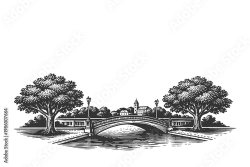 Quadro su tela Beautiful woodcut illustration of an arched bridge crossing a river with a quaint town and church visible in the background