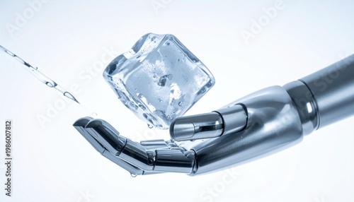 Robot Hand Holding Ice Cube Closeup.