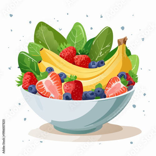 Eine gesunde Frühstücks-Bowl, kunstvoll angerichtet mit frischen Früchten und grünem Blattspinat