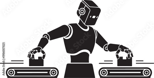Industrial robot, factory automation, manufacturing icon, black and white vector