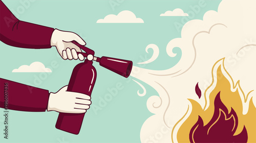 Illustration of hands using a fire extinguisher to put out a burning fire