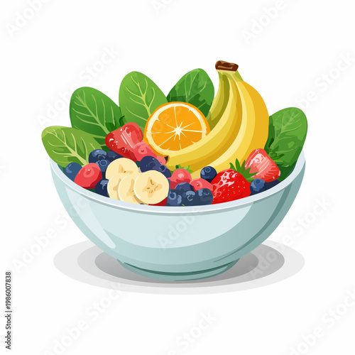 Eine gesunde Frühstücks-Bowl, kunstvoll angerichtet mit frischen Früchten und grünem Blattspinat