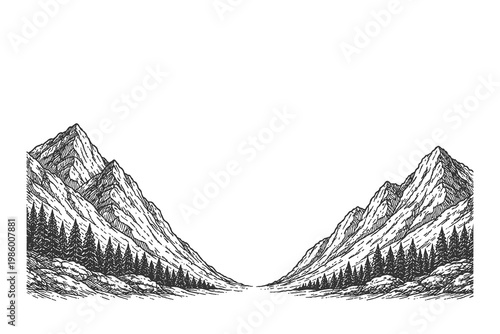 Dramatic engraved illustration of two high mountain peaks framing a valley, creating a symmetrical wilderness landscape.