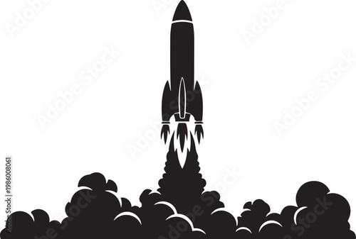 Rocket launch, space exploration, black silhouette, vector illustration, astronomy icons