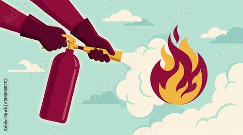Hands using fire extinguisher to put out a fire, emergency safety concept