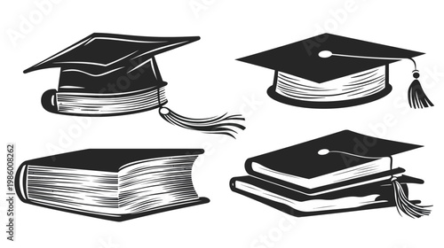 A collection of graduation elements mortarboards and books rendered in a bold, grayscale style