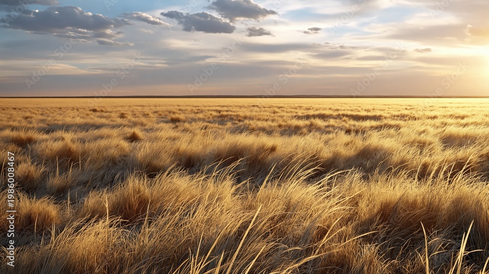 Fototapeta premium Golden Sunset over Vast Prairie Grassland Field