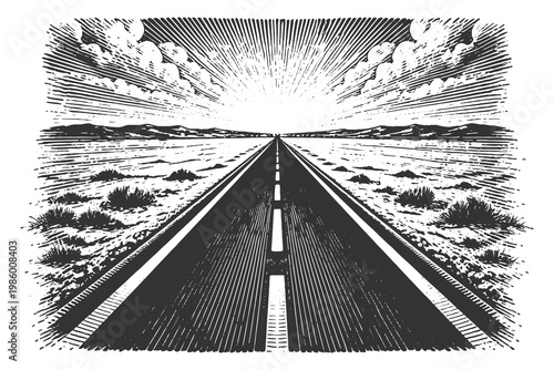 Striking perspective engraving of a long straight highway leading towards a rising or setting sun on a wide, cloudy horizon.