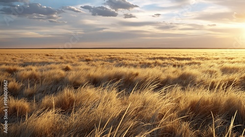 Golden Sunset over Vast Prairie Grassland Field