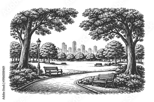 Detailed engraving of a peaceful city park with benches, trees, and a path, with a modern city skyline visible in the far distance.