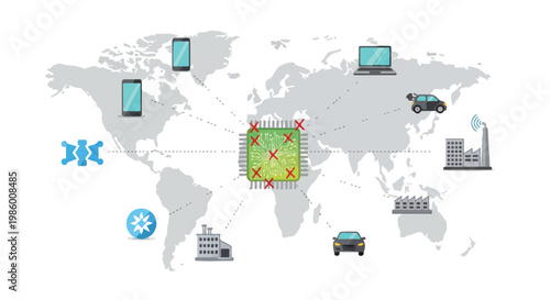 Global semiconductor shortage impact on technology and industry across world map illustration