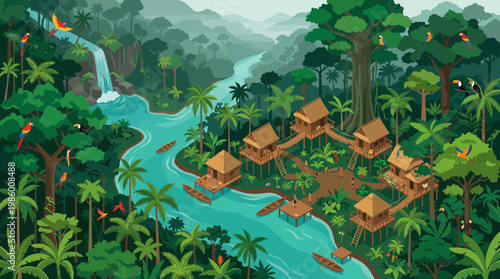 Lush jungle resort with bungalows nestled along a winding river.