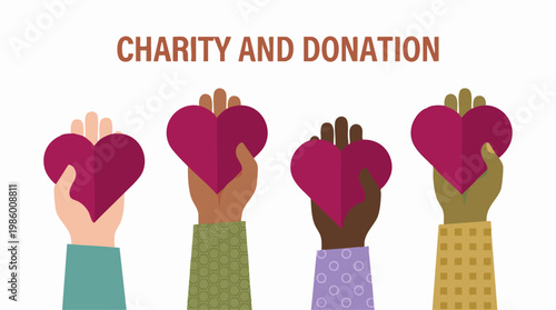 Charity and Donation: Diverse Hands Holding Hearts Symbolizing Giving