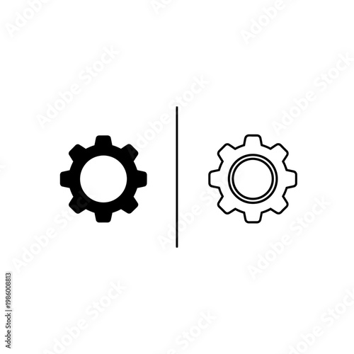 Gear icons: solid black cogwheel and outline interlocking gears with cogwheel mechanism industry configuration adjustment collection engineering