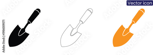 Trowel icons in black, Line art, And orange on white background for gardening and construction concepts