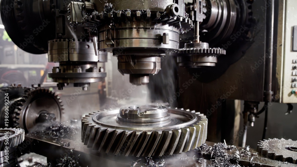 Fototapeta premium Precision Metal Cutting Process with Gear Wheel in Machine Shop