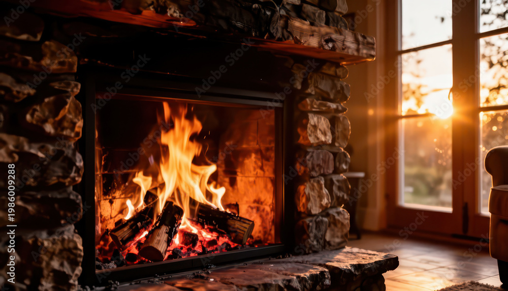 Obraz premium The fire in the stone fireplace creates a warm glow as the sun sets outside. The cozy living room features a vibrant fire, enhancing the inviting atmosphere of the space.