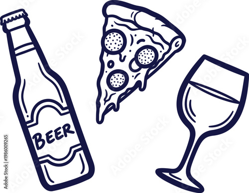 Doodle of beer bottle pizza slice and wine glass casual dining