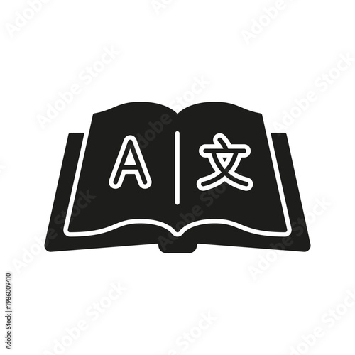 Open Book With Language Symbols Solid Icon. Translation, Multilingual Communication, And Language Learning Silhouette Symbol. Educational Resource. Isolated Vector Illustration