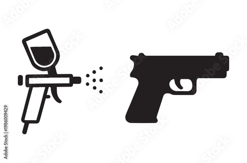 Black and white illustration depicting a spray paint can and handgun