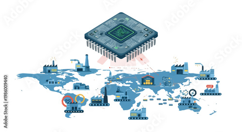Global semiconductor supply chain and microchip manufacturing across world map illustration