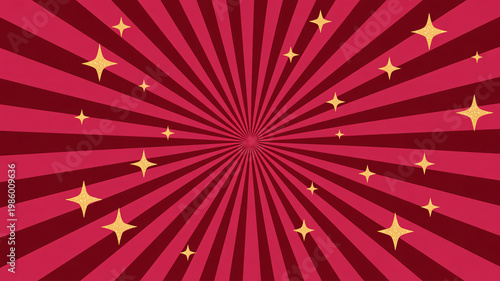 A vibrant red background with yellow stars and stripes radiating from the center