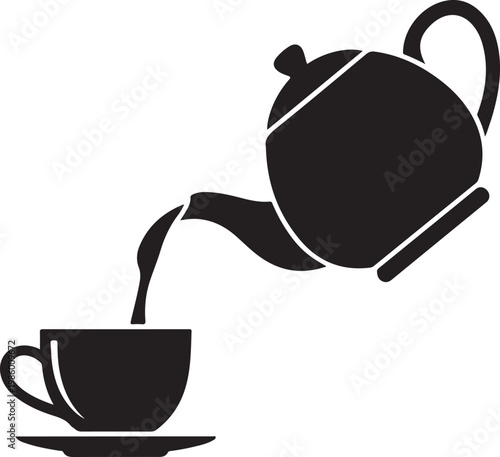 A classic teapot pouring hot liquid into a waiting cup on a saucer - stock vector.