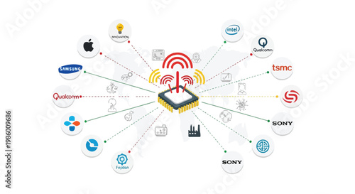 Global semiconductor supply chain network illustration with microchip and connectivity symbols