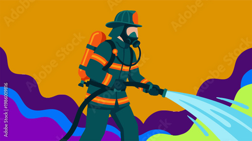Firefighter spraying water with hose in flat illustration style