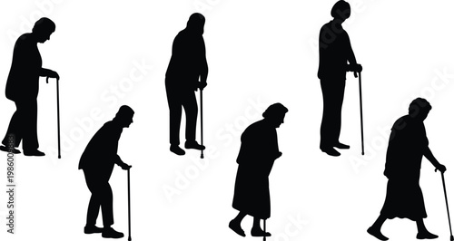 Grandmother Walking with Stick Silhouette Elderly Woman Mobility Concept Isolated on White Background
