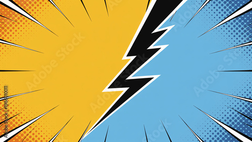 A vibrant comic book style illustration of a lightning bolt dividing two contrasting colors